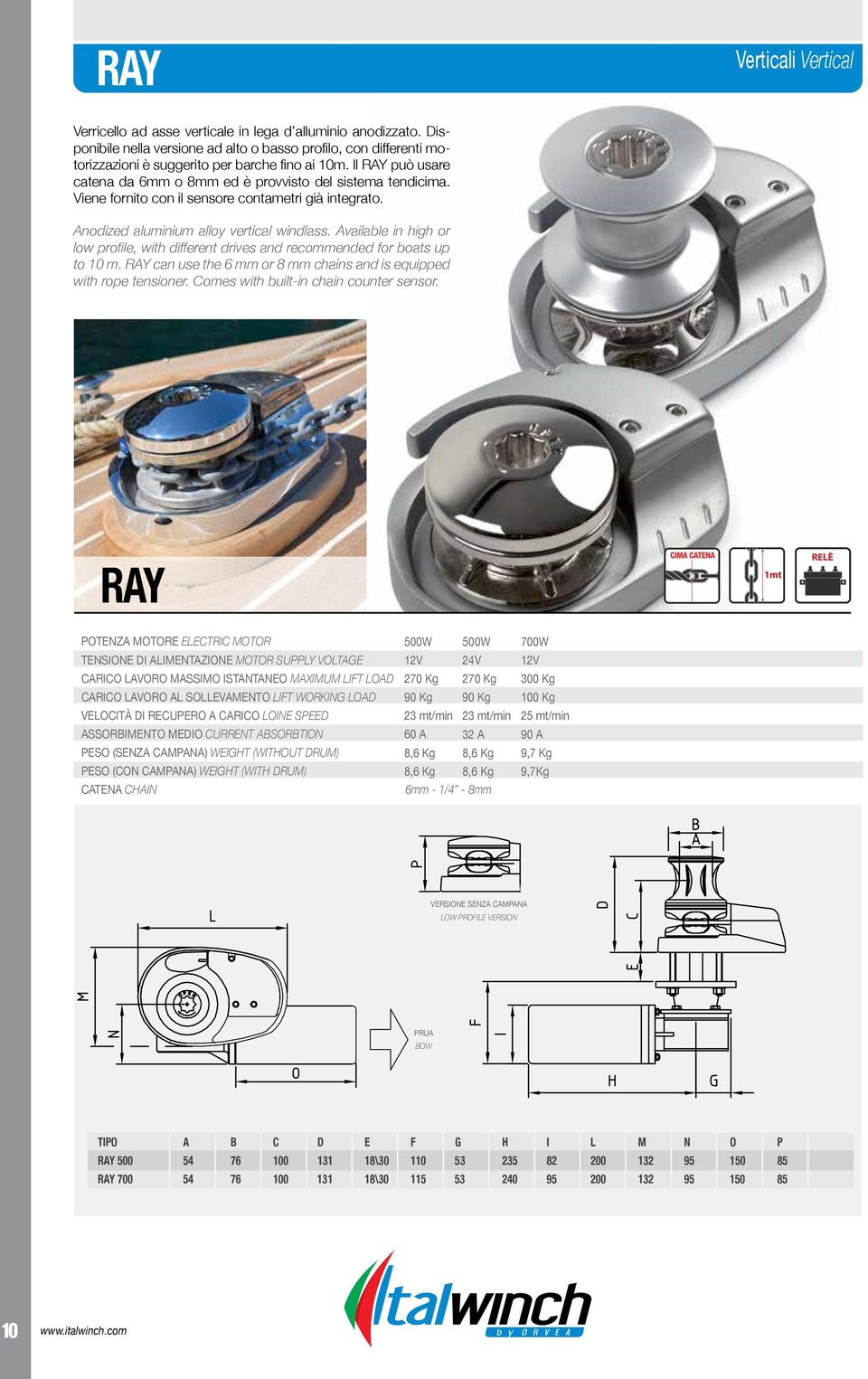 Viene fornito con il sensore contametri già integrato. Anodized aluminium alloy vertical windlass. Available in high or low profile, with different drives and recommended for boats up to 10 m.