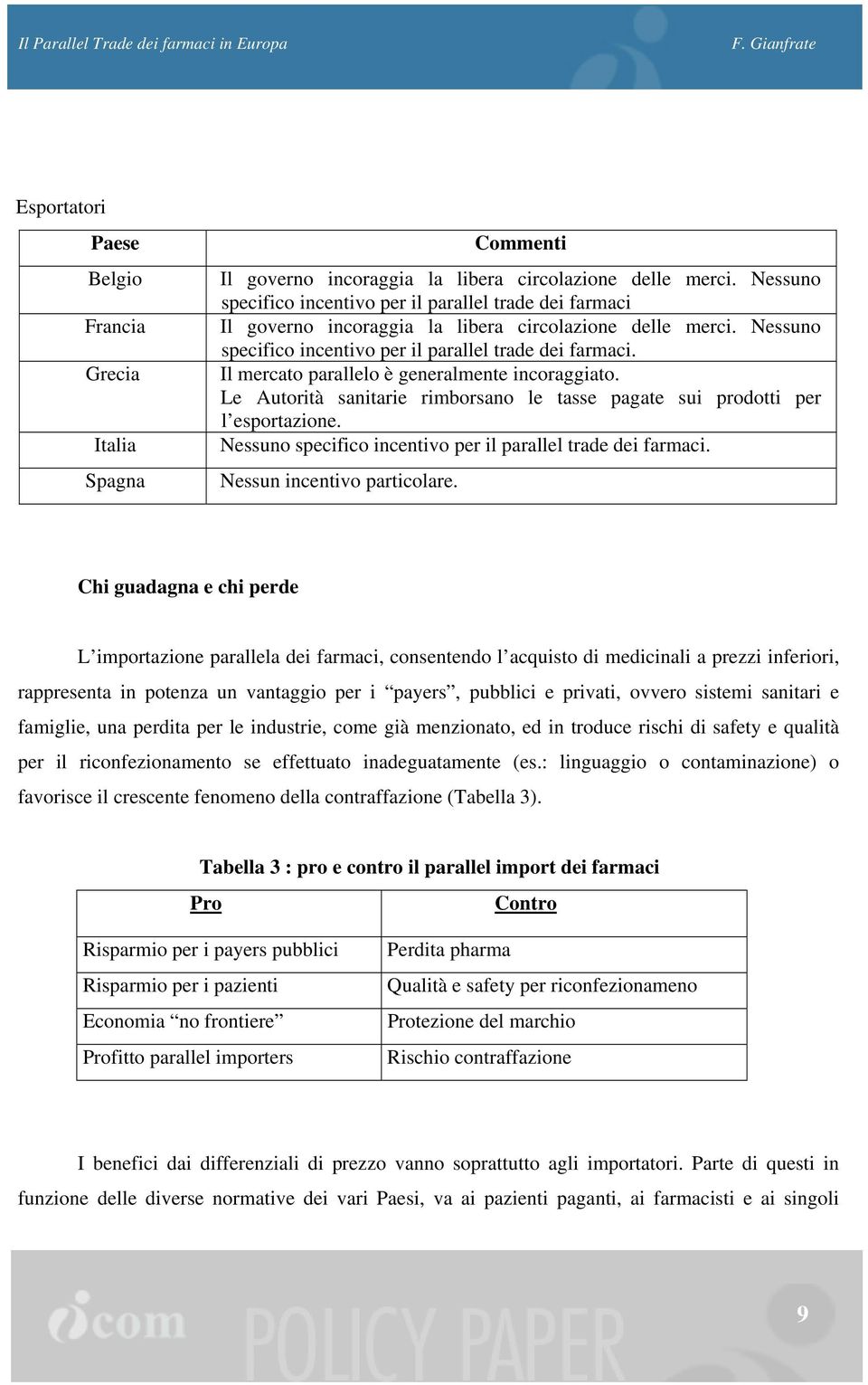 Il mercato parallelo è generalmente incoraggiato. Le Autorità sanitarie rimborsano le tasse pagate sui prodotti per l esportazione. Nessuno specifico incentivo per il parallel trade dei farmaci.