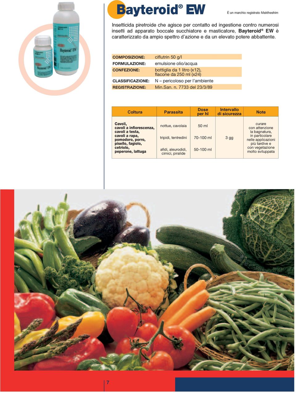 COMPOSIZIONE: ciflutrin 50 g/l FORMULAZIONE: emulsione olio/acqua CONFEZIONE: bottiglia da 1 litro (x12), flacone da 250 ml (x24) CLASSIFICAZIONE: N pericoloso per l ambiente REGISTRAZIONE: Min.San.