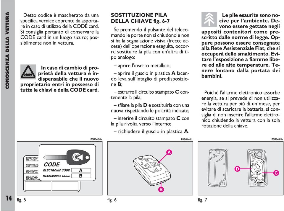 In caso di cambio di proprietà della vettura è indispensabile che il nuovo proprietario entri in possesso di tutte le chiavi e della CODE card. SOSTITUZIONE PILA DELLA CHIAVE fig.