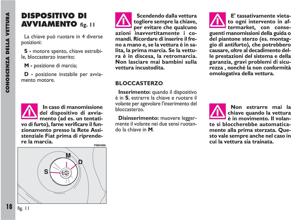 In caso di manomissione del dispositivo di avviamento (ad es. un tentativo di furto), farne verificare il funzionamento presso la Rete Assistenziale Fiat prima di riprendere la marcia.