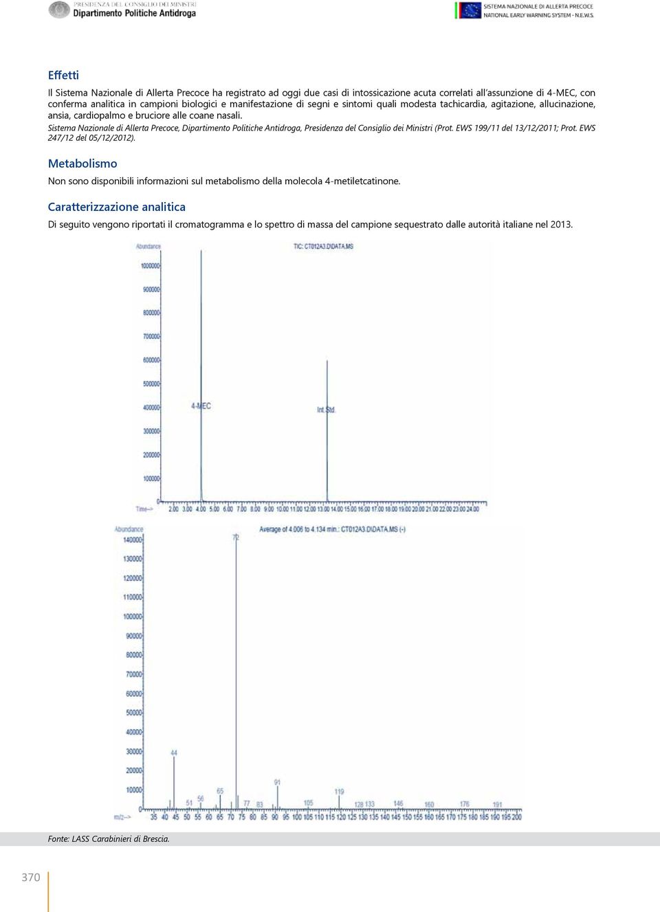 Sistema Nazionale di Allerta Precoce, Dipartimento Politiche Antidroga, Presidenza del Consiglio dei Ministri (Prot. EWS 199/11 del 13/12/2011; Prot. EWS 247/12 del 05/12/2012).