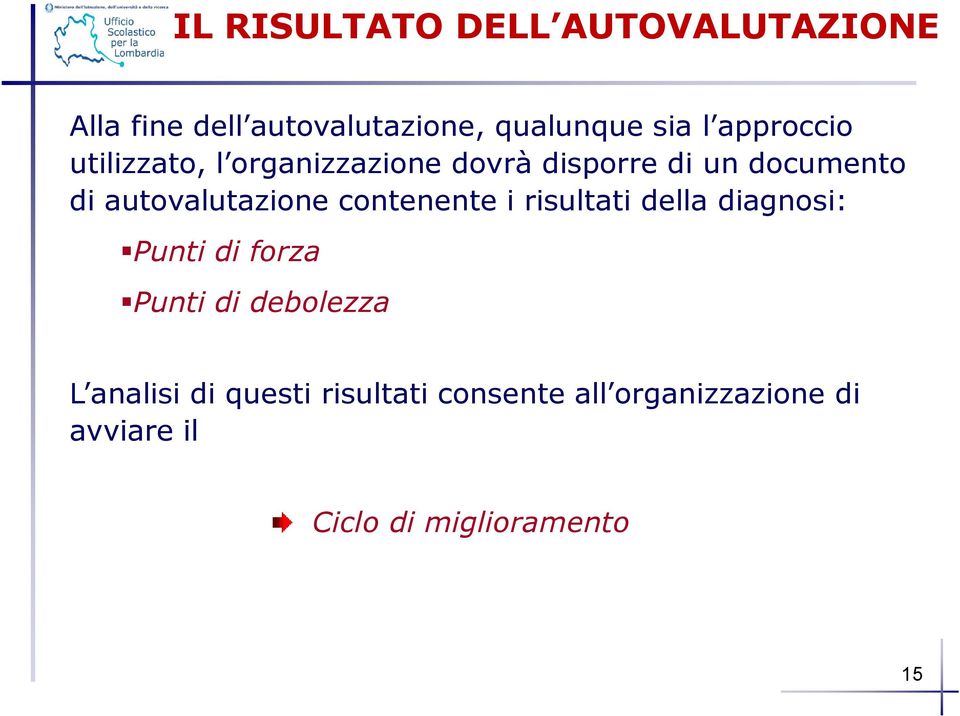 autovalutazione contenente i risultati della diagnosi: Punti di forza Punti di