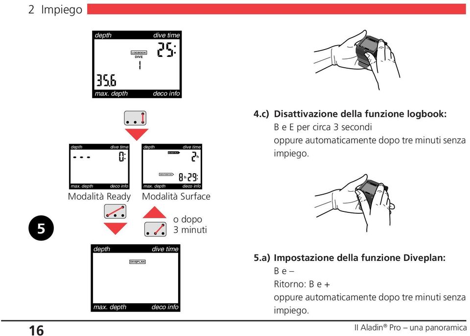 tre minuti senza impiego. h Modalità Ready Modalità Surface 5 o dopo 3 minuti DIVEPLAN 5.