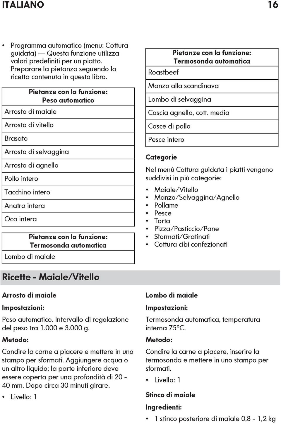 funzione: Termosonda automatica Lombo di maiale Roastbeef Pietanze con la funzione: Termosonda automatica Manzo alla scandinava Lombo di selvaggina Coscia agnello, cott.