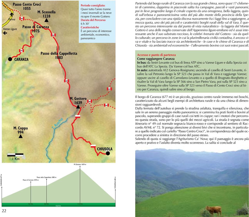 interesse ambientale, economico, panoramico Partendo dal borgo rurale di Caranza con la sua grande chiesa, sono quasi 17 chilometri di cammino, dapprima in piacevole salita fra campagne, pascoli e