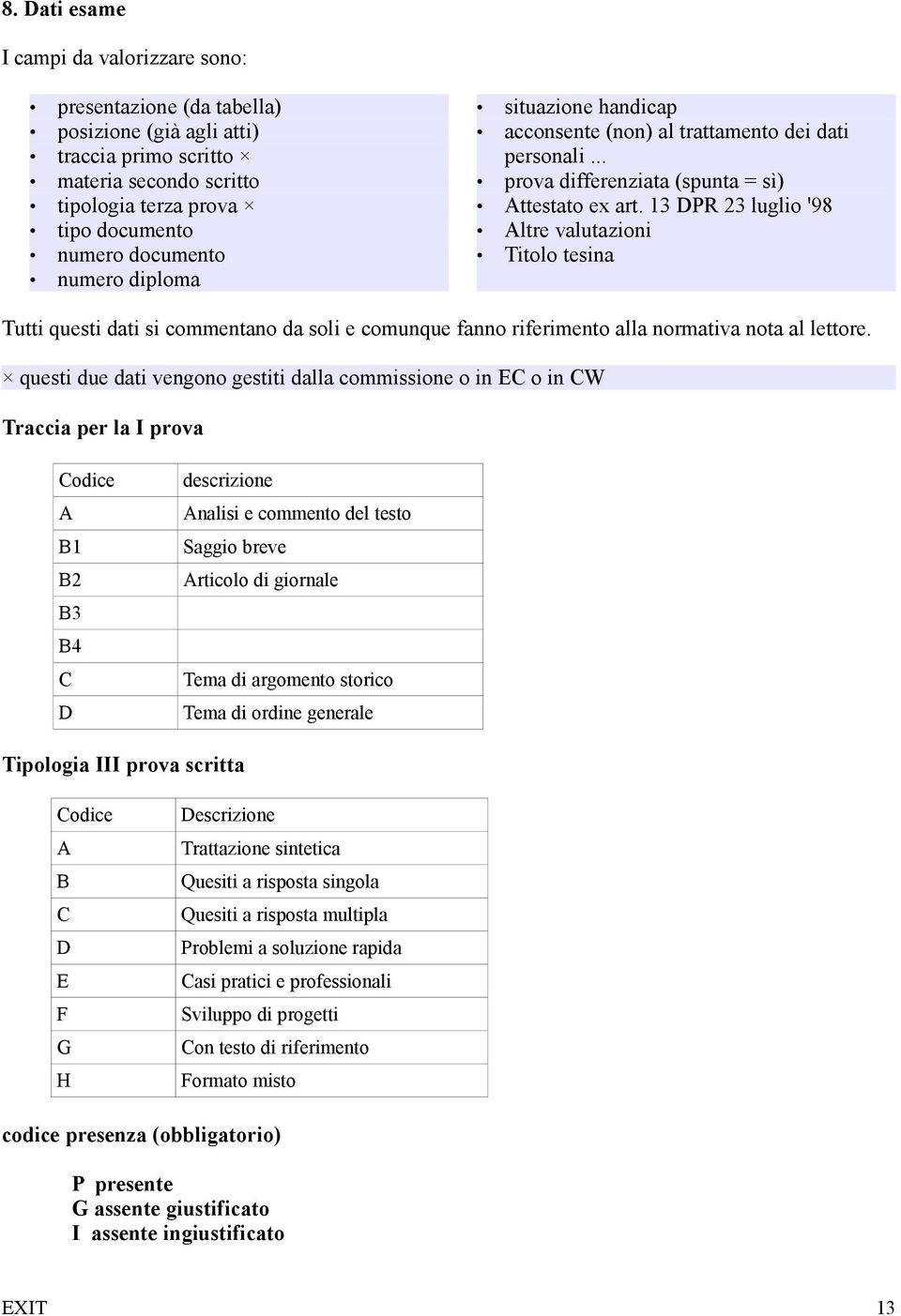 13 DPR 23 luglio '98 Altre valutazioni Titolo tesina Tutti questi dati si commentano da soli e comunque fanno riferimento alla normativa nota al lettore.