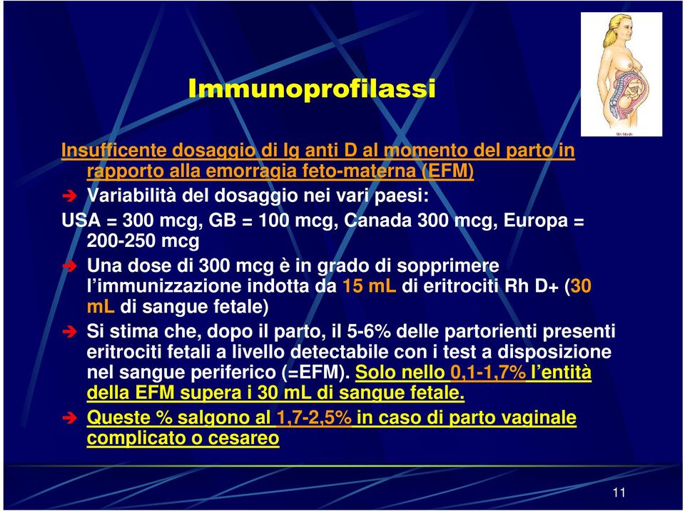 ml di sangue fetale) Si stima che, dopo il parto, il 5-6% delle partorienti presenti eritrociti fetali a livello detectabile con i test a disposizione nel sangue