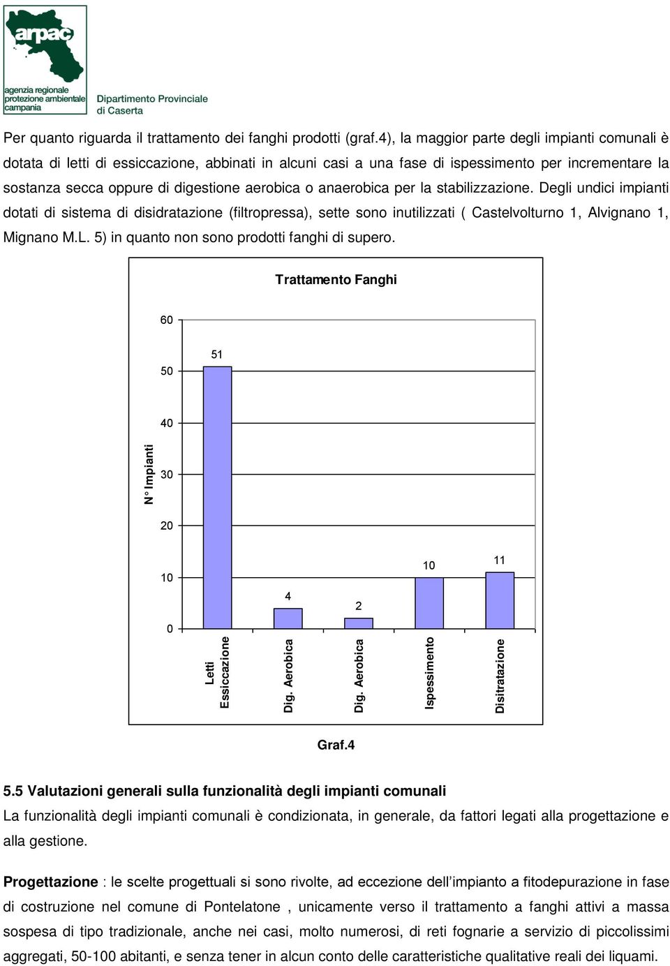 anaerobica per la stabilizzazione. Degli undici impianti dotati di sistema di disidratazione (filtropressa), sette sono inutilizzati ( Castelvolturno 1, Alvignano 1, Mignano M.L.