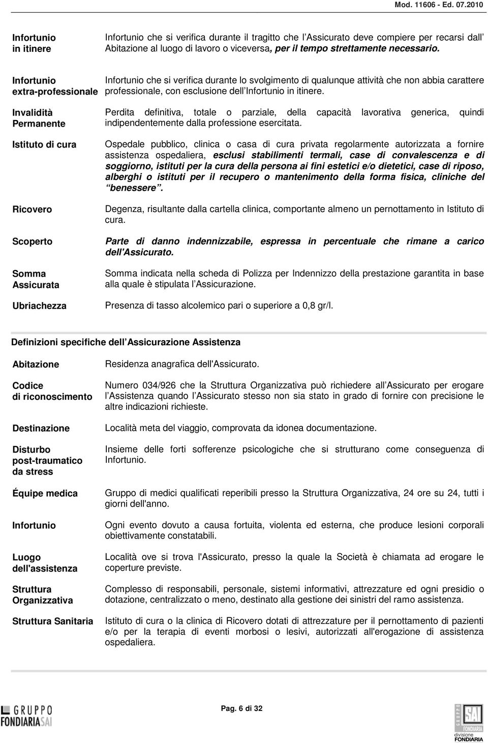 Invalidità Permanente Istituto di cura Ricovero Scoperto Somma Assicurata Ubriachezza Perdita definitiva, totale o parziale, della capacità lavorativa generica, quindi indipendentemente dalla