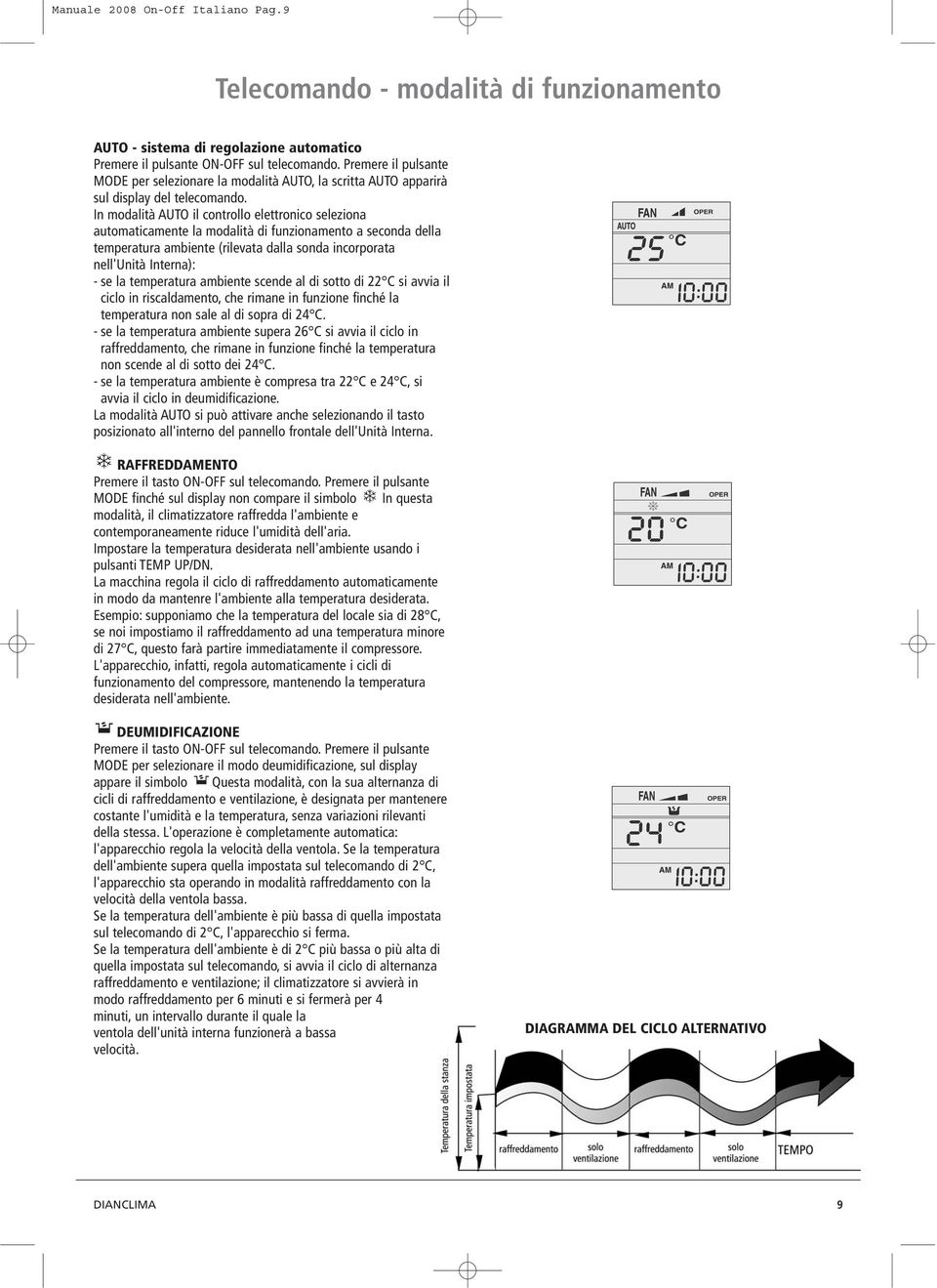 In modalità AUTO il controllo elettronico seleziona automaticamente la modalità di funzionamento a seconda della temperatura ambiente (rilevata dalla sonda incorporata nell'unità Interna): - se la