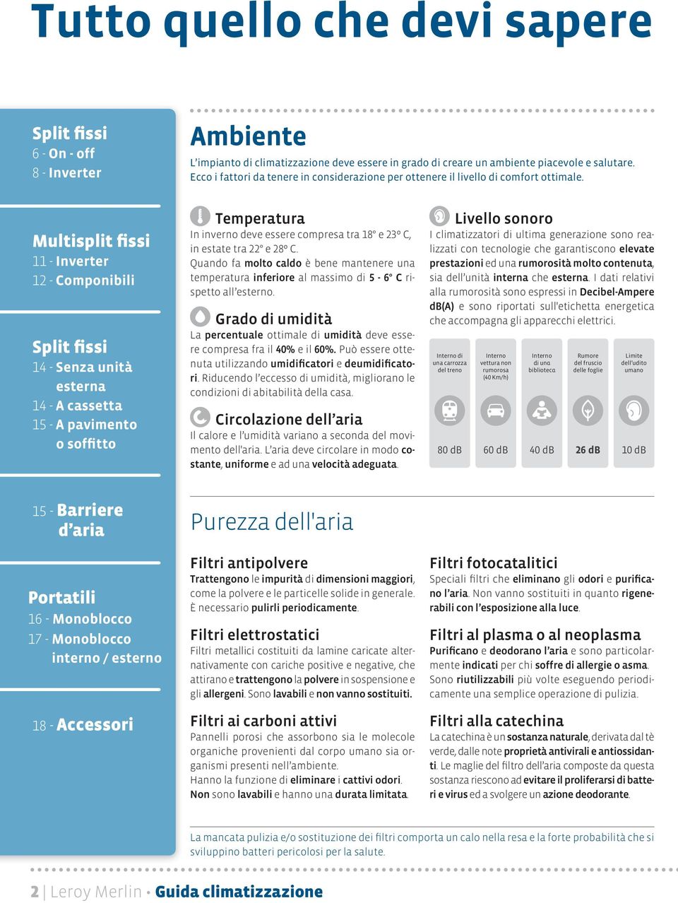 Multisplit fissi 11 - Inverter 12 - Componibili Split fissi 14 - Senza unità esterna 14 - A cassetta 15 - A pavimento o soffitto Temperatura In inverno deve essere compresa tra 18 e 23º C, in estate