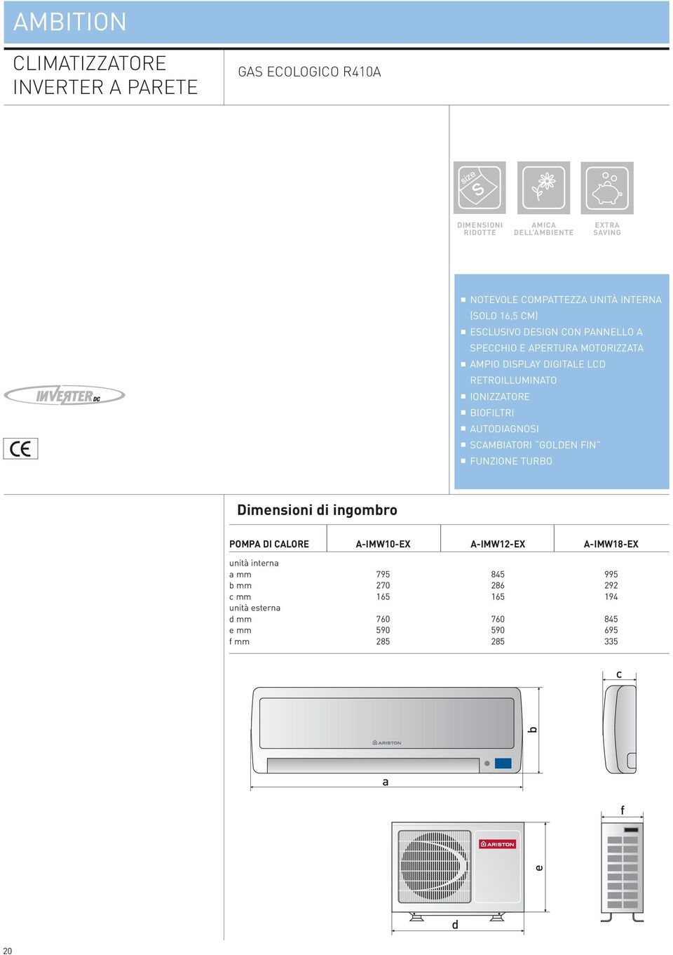 IONIZZATORE BIOFILTRI AUTODIAGNOSI SCAMBIATORI GOLDEN FIN FUNZIONE TURBO Dimensioni di ingombro POMPA DI CALORE A-IMW10-EX A-IMW12-EX