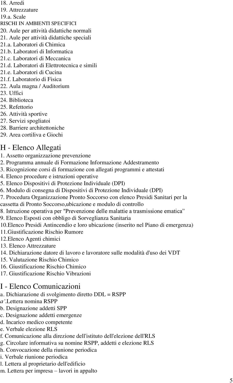Attività sportive 27. Servizi spogliatoi 28. Barriere architettoniche 29. Area cortiliva e Giochi H - Elenco Allegati 1. Assetto organizzazione prevenzione 2.