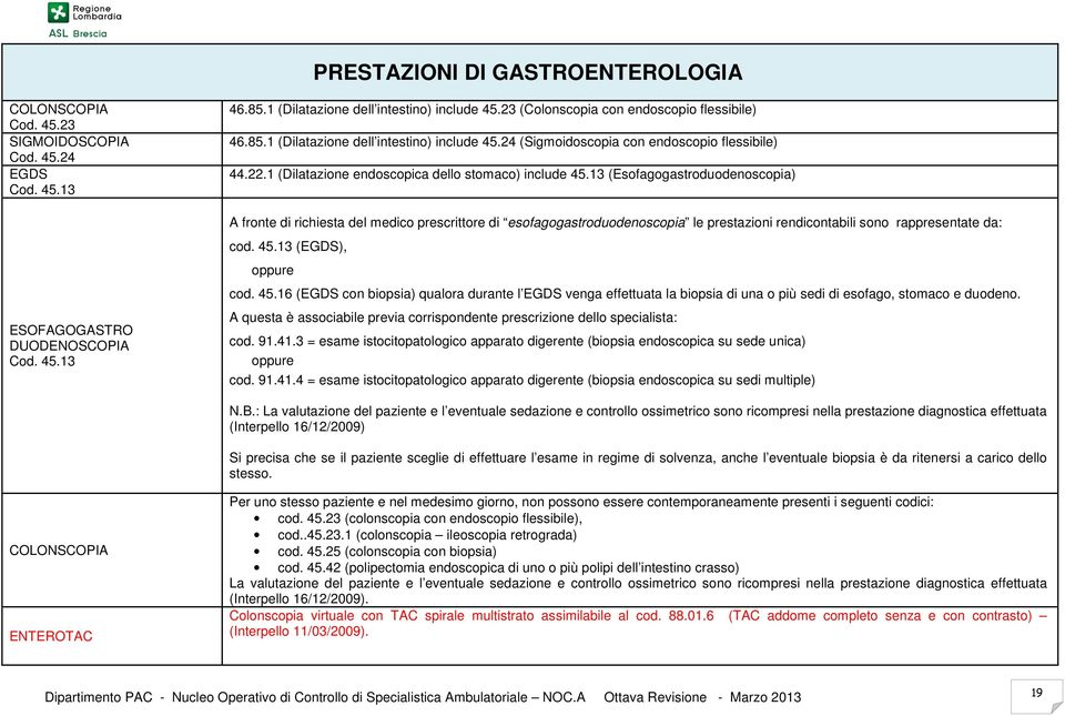 13 (Esofagogastroduodenoscopia) A fronte di richiesta del medico prescrittore di esofagogastroduodenoscopia le prestazioni rendicontabili sono rappresentate da: cod. 45.