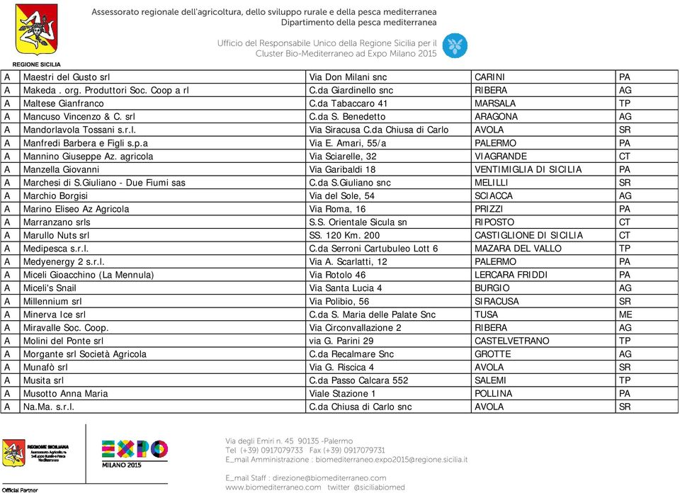 agricola Via Sciarelle, 32 VIAGRANDE CT A Manzella Giovanni Via Garibaldi 18 VENTIMIGLIA DI SICILIA PA A Marchesi di S.Giuliano - Due Fiumi sas C.da S.