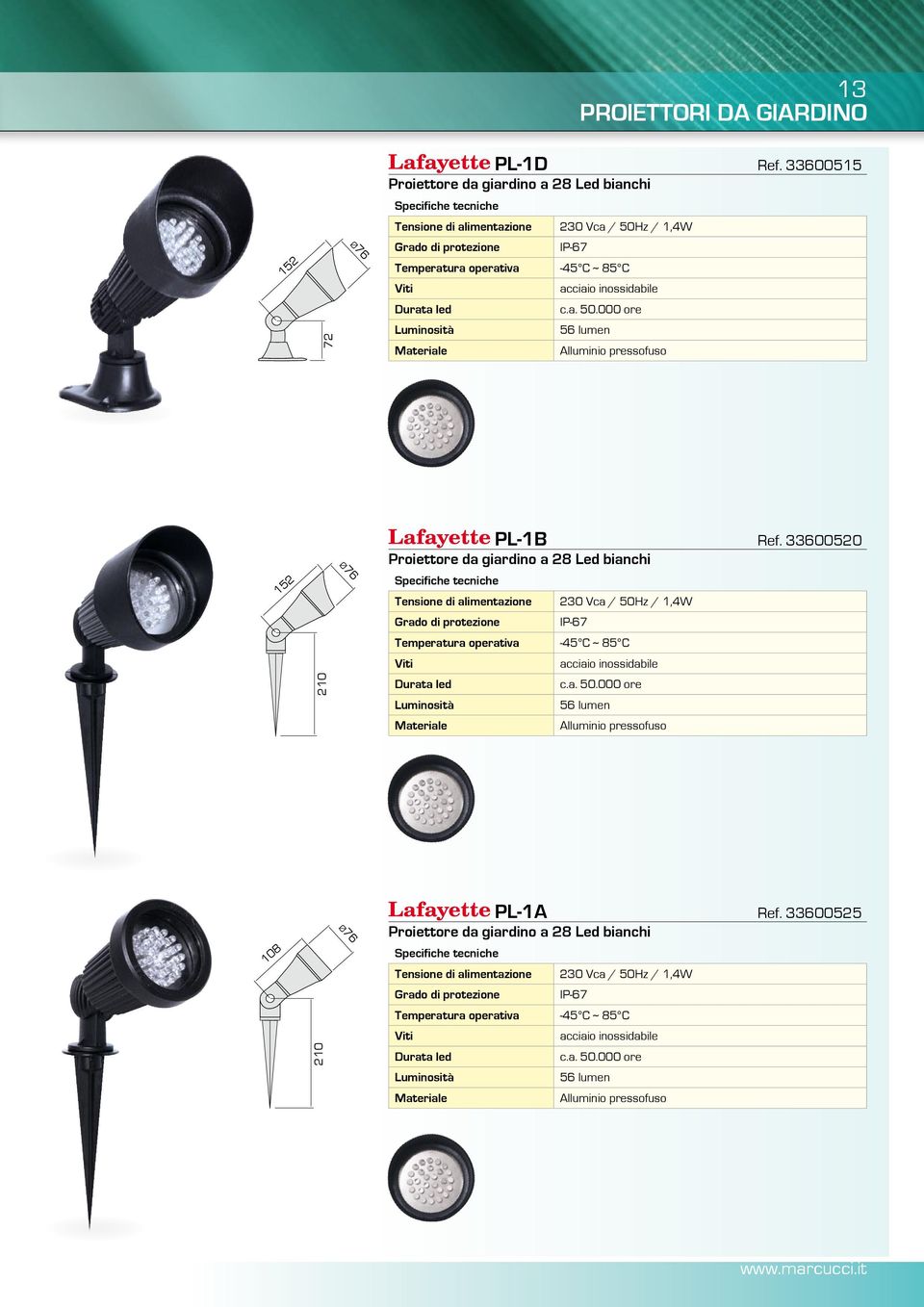 33600520 Proiettore da giardino a 28 bianchi 230 Vca / 50Hz / 1,4W IP-67 Temperatura operativa -45 C ~ 85 C Viti Durata led acciaio inossidabile c.a. 50.000 ore 56 lumen pressofuso 108 Ø76 PL-1A Ref.