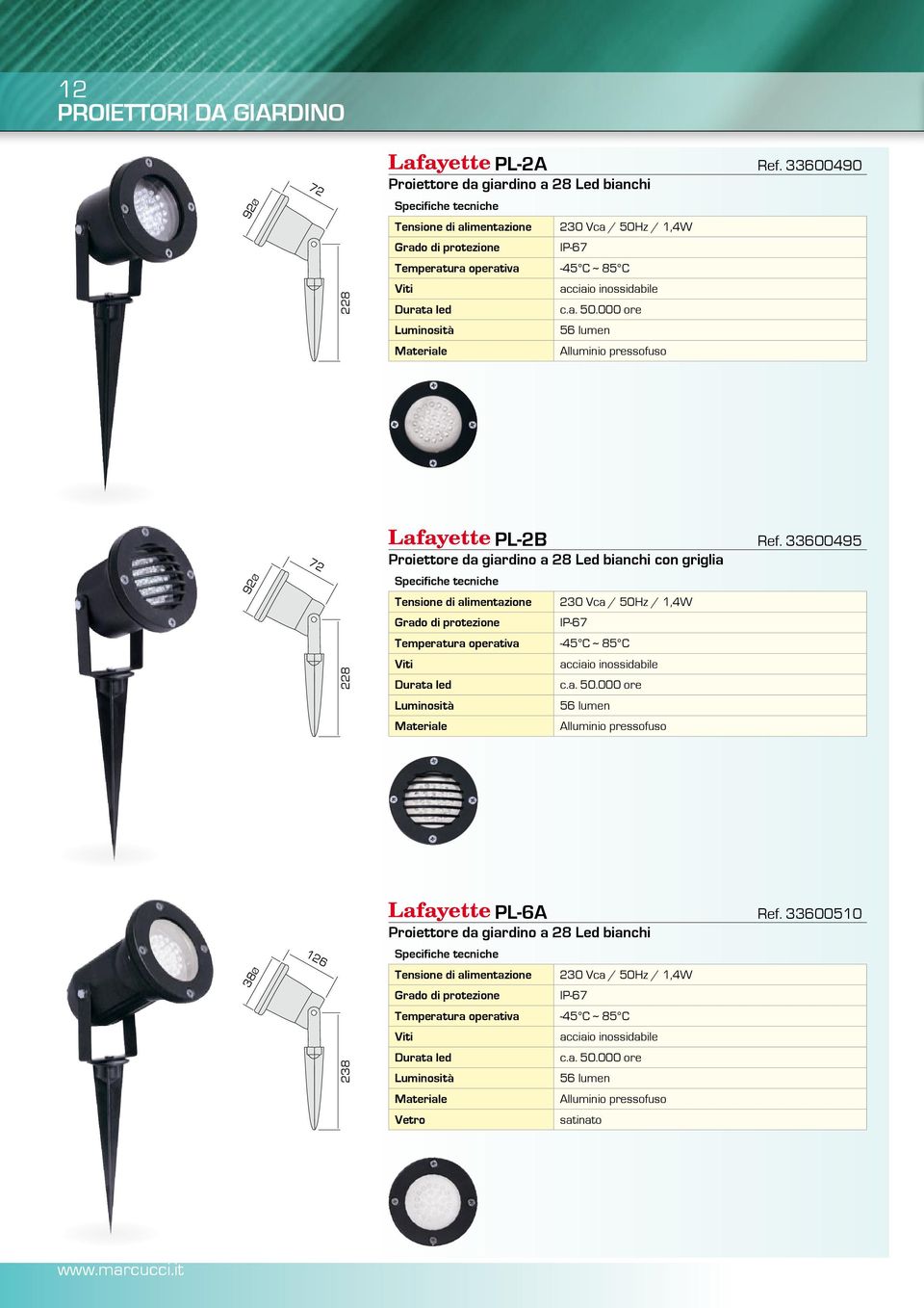 33600495 Proiettore da giardino a 28 bianchi con griglia 230 Vca / 50Hz / 1,4W IP-67 Temperatura operativa -45 C ~ 85 C Viti Durata led acciaio inossidabile c.a. 50.000 ore 56 lumen pressofuso 38Ø 126 238 PL-6A Ref.