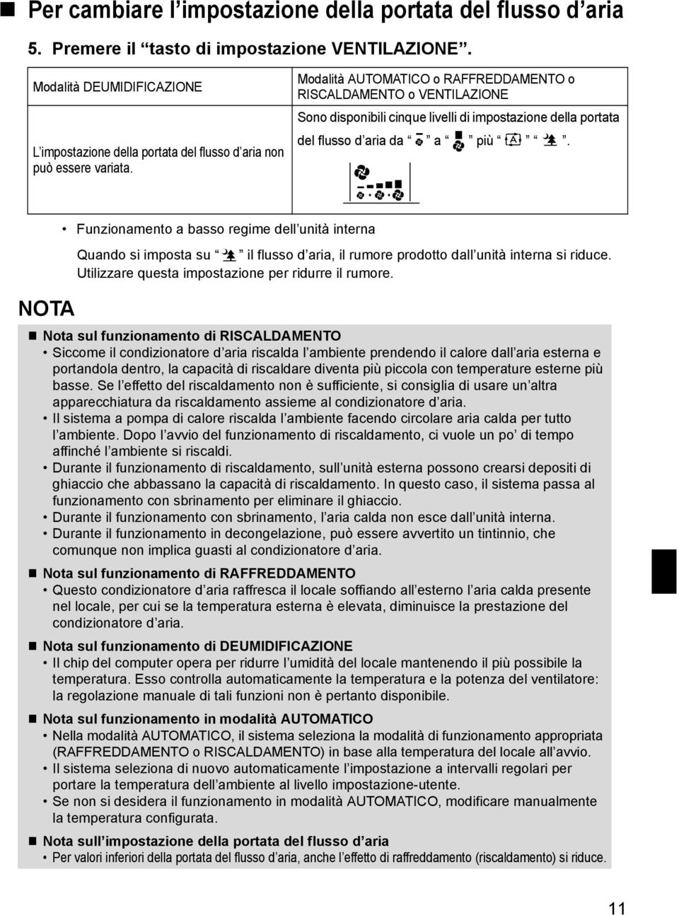 Modalità AUTOMATICO o RAFFREDDAMENTO o RISCALDAMENTO o VENTILAZIONE Sono disponibili cinque livelli di impostazione della portata del flusso d aria da a più.