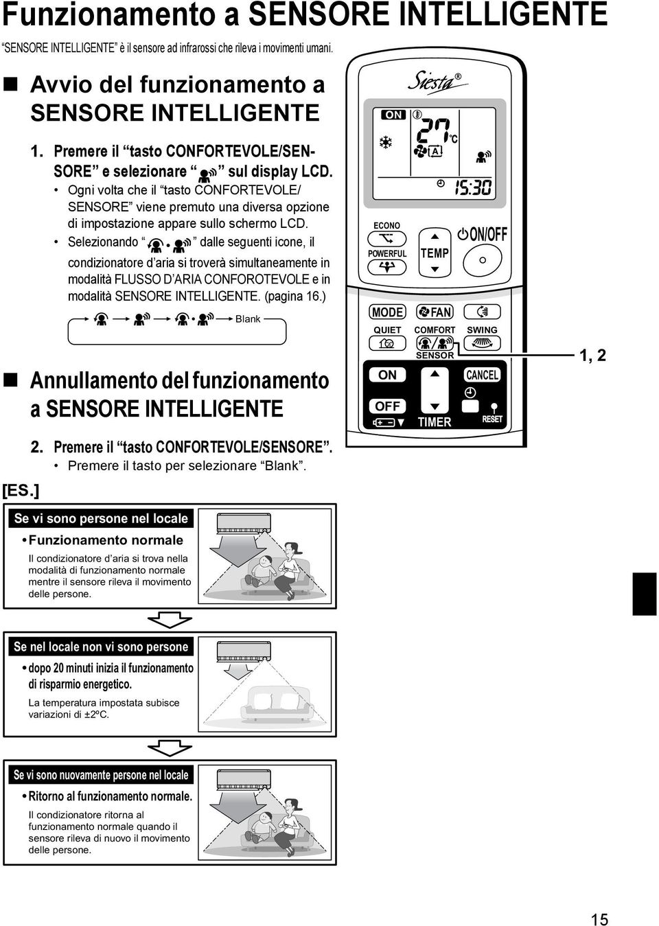 Selezionando dalle seguenti icone, il condizionatore d aria si troverà simultaneamente in modalità FLUSSO D ARIA CONFOROTEVOLE e in modalità SENSORE INTELLIGENTE. (pagina 16.