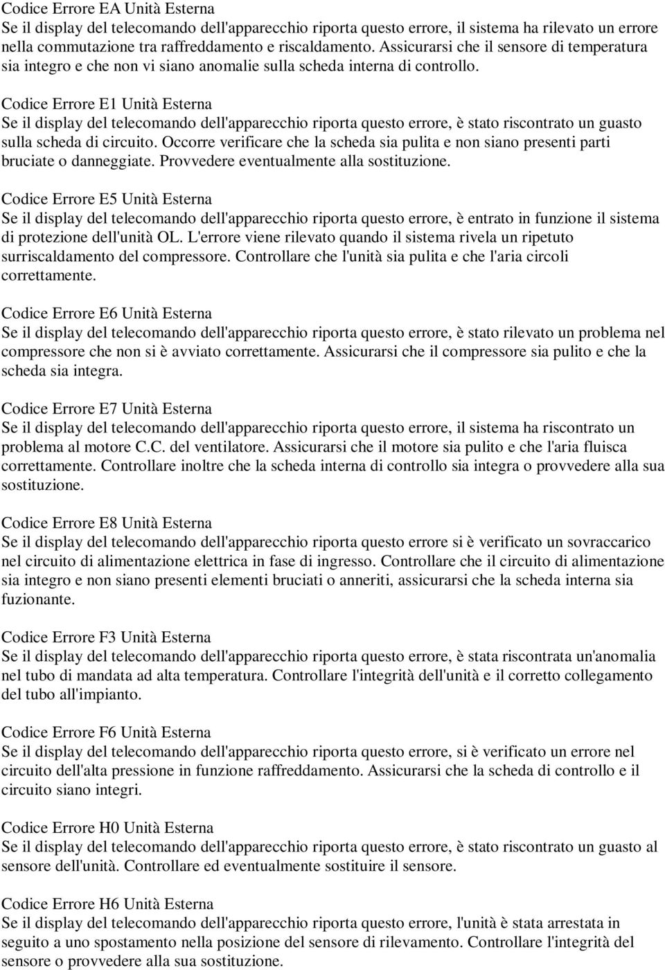 Codice Errore E1 Unità Esterna Se il display del telecomando dell'apparecchio riporta questo errore, è stato riscontrato un guasto sulla scheda di circuito.