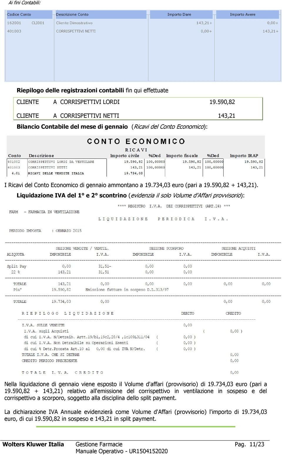 590,82 + 143,21). Liquidazione IVA del 1 e 2 scontrino (evidenzia il solo Volume d'affari provvisorio): Nella liquidazione di gennaio viene esposto il Volume d'affari (provvisorio) di 19.