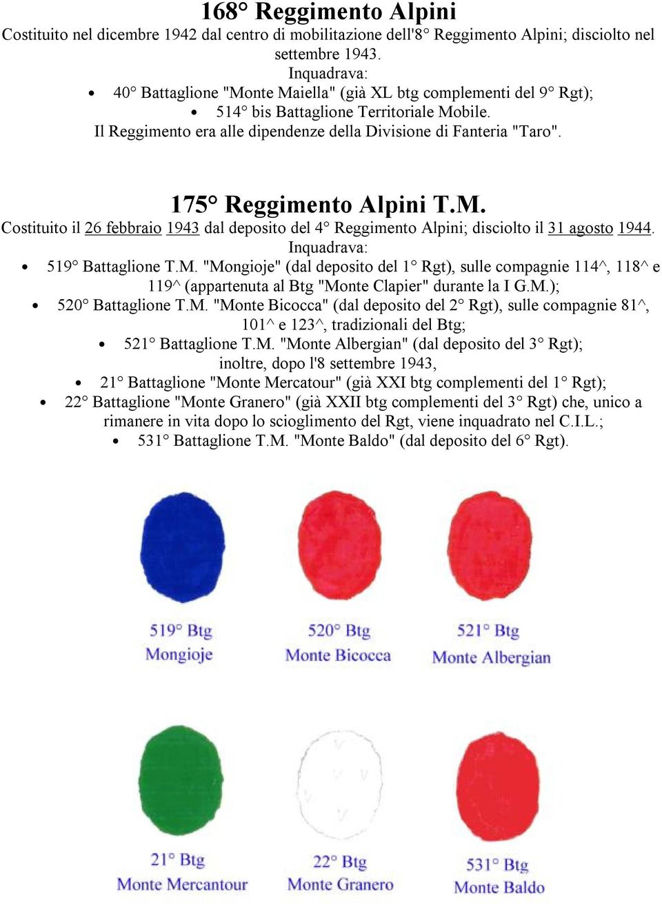 175 Reggimento Alpini T.M. Costituito il 26 febbraio 1943 dal deposito del 4 Reggimento Alpini; disciolto il 31 agosto 1944. Inquadrava: 519 Battaglione T.M. "Mongioje" (dal deposito del 1 Rgt), sulle compagnie 114^, 118^ e 119^ (appartenuta al Btg "Monte Clapier" durante la I G.