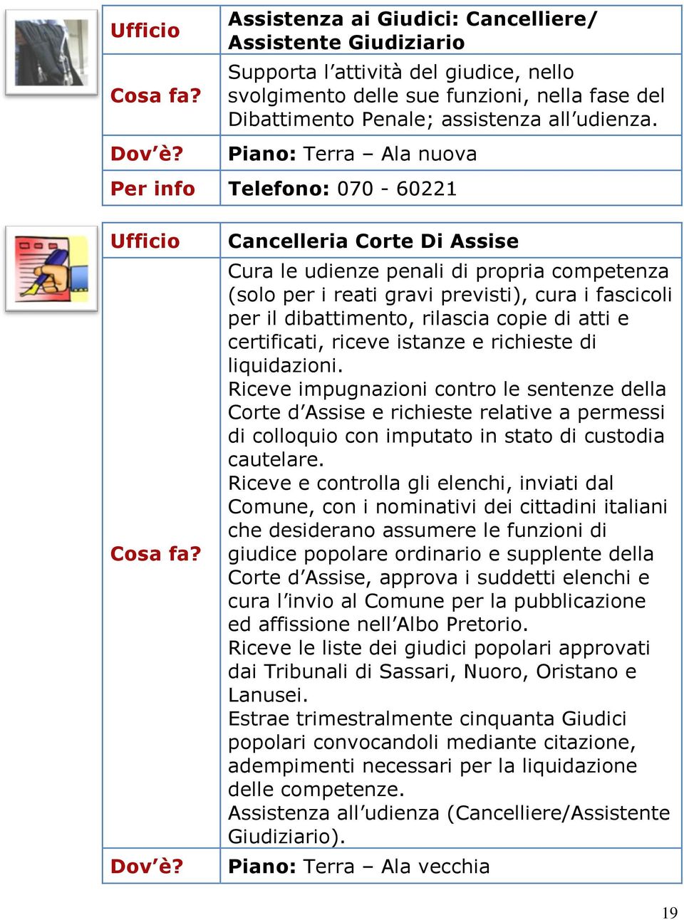 rilascia copie di atti e certificati, riceve istanze e richieste di liquidazioni.