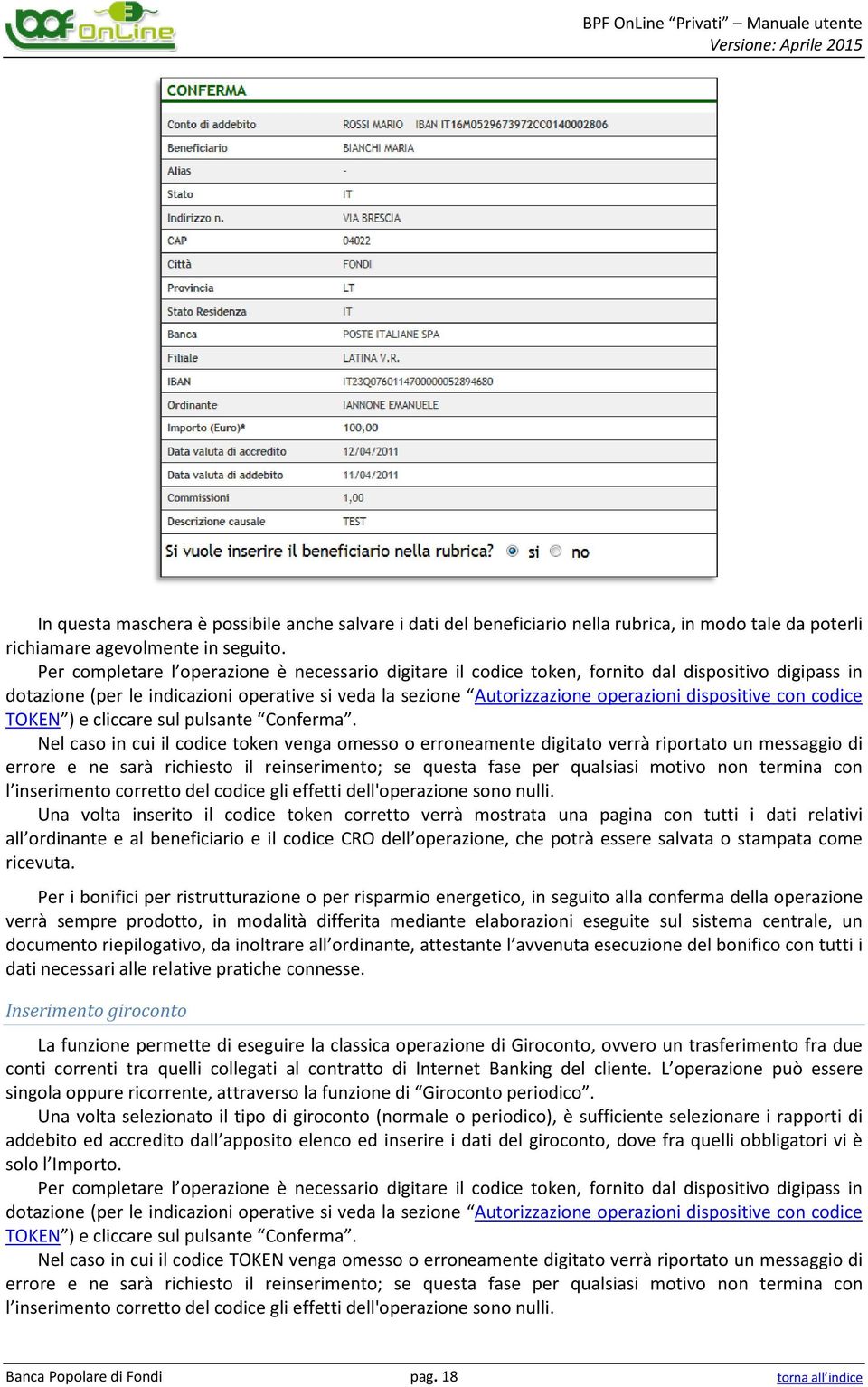 con codice TOKEN ) e cliccare sul pulsante Conferma.