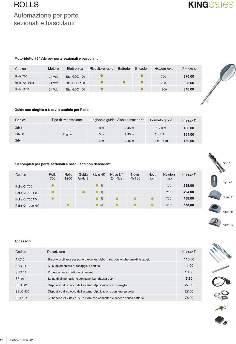 Grb 3 3 m 2,45 m 1 x 3 m 130,00 Grb 23 Cinghia 3 m 2,45 m 2 x 1,5 m 164,00 Grb4 4 m 3,45 m 3 m + 1 m 180,00 Kit completi per porte sezionali e basculanti non debordanti GRB 3 Rolls Kit 700 Rolls 700