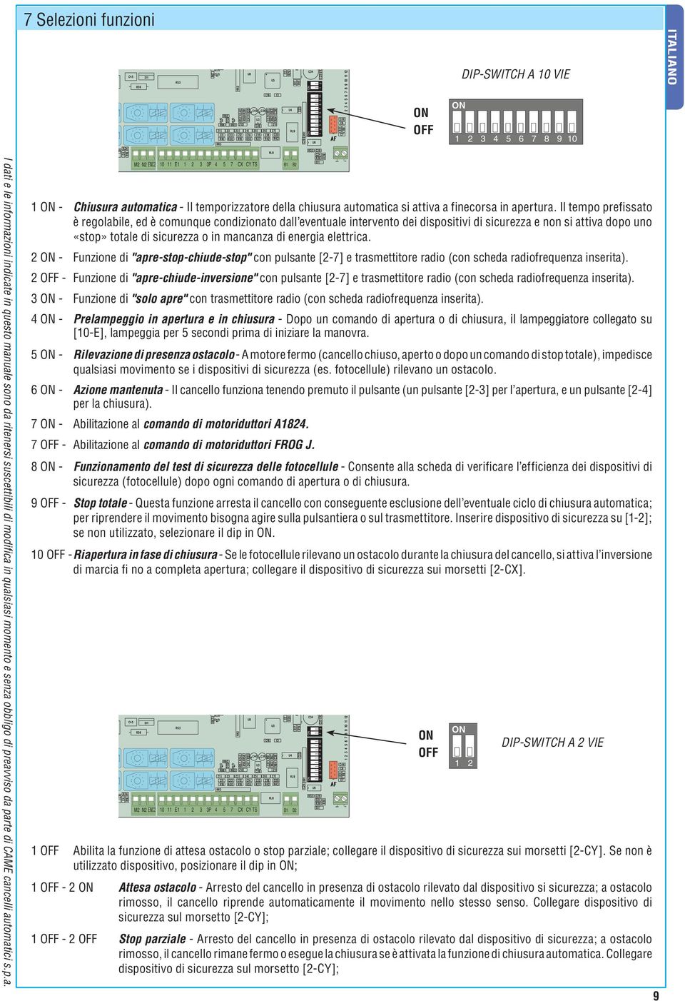 elettrica. 2 ON - Funzione di "apre-stop-chiude-stop" con pulsante [2-7] e trasmettitore radio (con scheda radiofrequenza inserita).