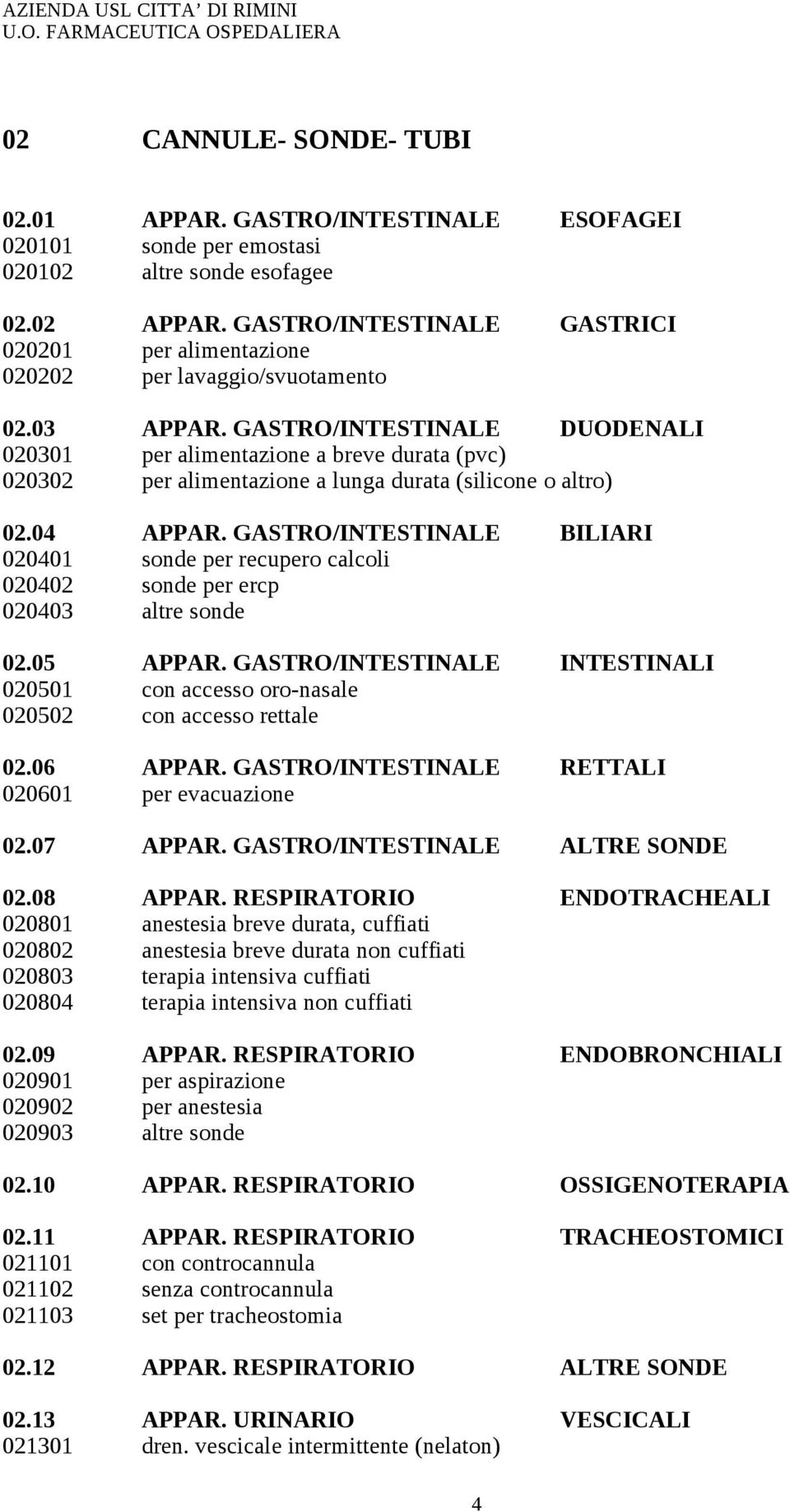 GASTRO/INTESTINALE DUODENALI 020301 per alimentazione a breve durata (pvc) 020302 per alimentazione a lunga durata (silicone o altro) 02.04 APPAR.