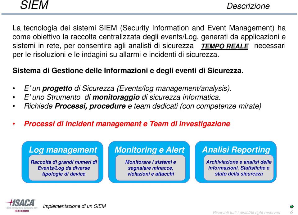 Sistema di Gestione delle Informazioni e degli eventi di Sicurezza. E un progetto di Sicurezza (Events/log management/analysis). E uno Strumento di monitoraggio di sicurezza informatica.