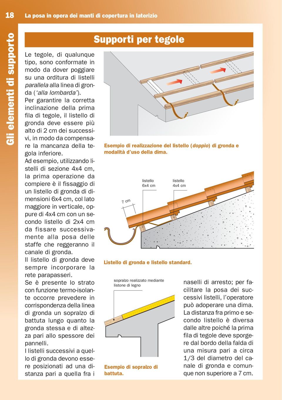 Per garantire la corretta inclinazione della prima fila di tegole, il listello di gronda deve essere più alto di 2 cm dei successivi, in modo da compensare la mancanza della tegola inferiore.