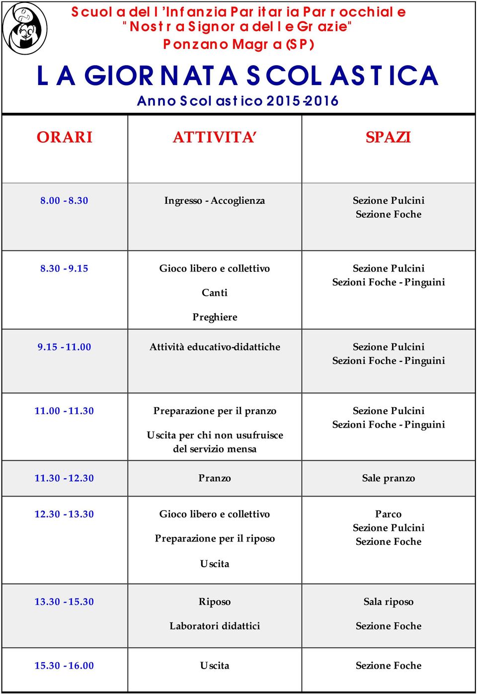 00 Attività educativo-didattiche Sezione Pulcini Sezioni Foche - Pinguini 11.00-11.