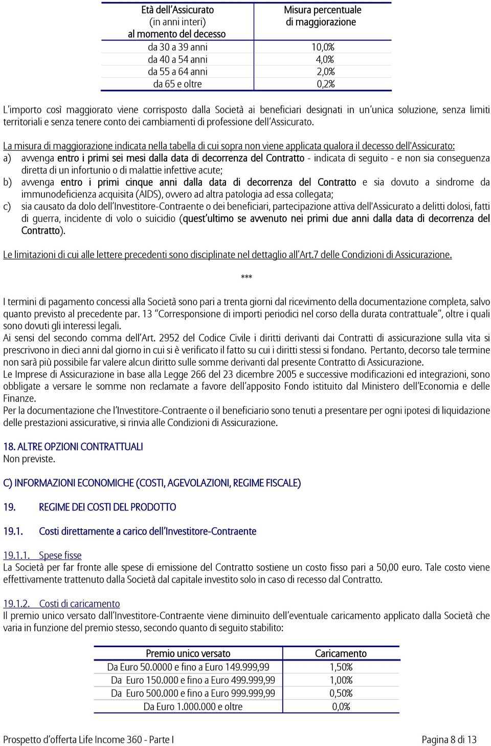 La misura di maggiorazione indicata nella tabella di cui sopra non viene applicata qualora il decesso dell'assicurato: a) avvenga entro i primi sei mesi dalla data di decorrenza del Contratto -