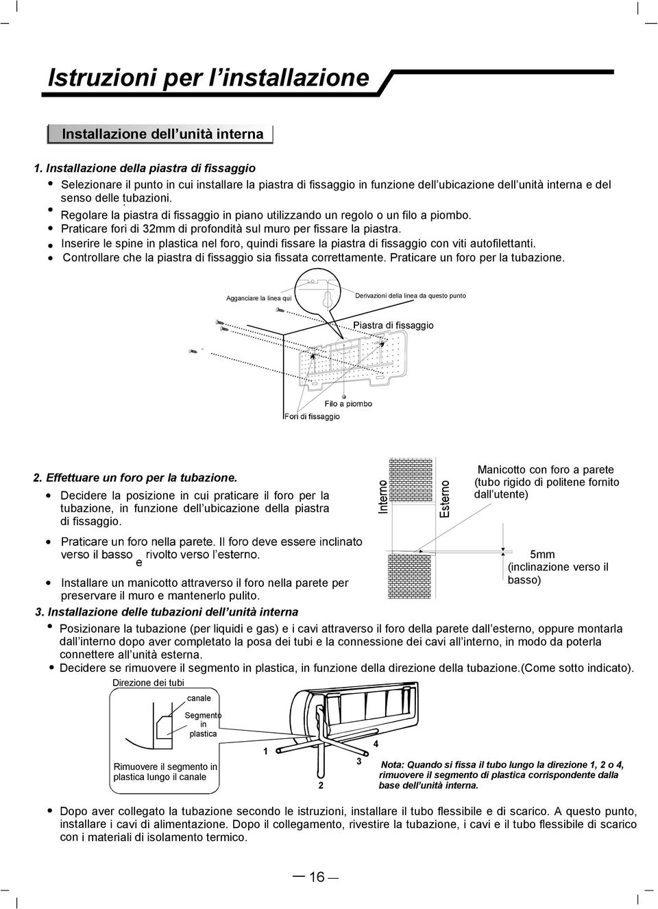 Regolare la piastra di fissaggio in piano utilizzando un regolo o un filo a piombo. Praticare fori di 32mm di profondità sul muro per fissare la piastra.