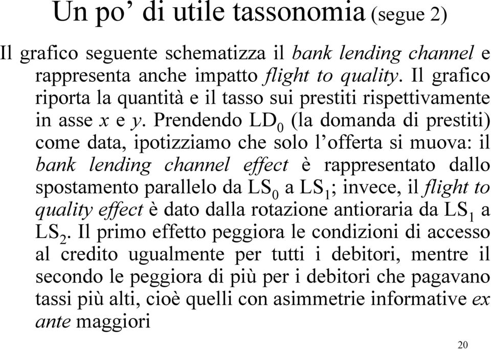 Prendendo LD 0 (la domanda di prestiti) come data, ipotizziamo che solo l offerta si muova: il bank lending channel effect è rappresentato dallo spostamento parallelo da LS 0 a LS 1