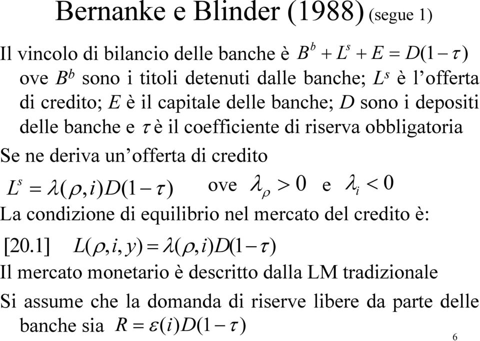 offerta di credito L s = λ( ρ, i) D(1 τ ) ove λ > 0 e λ ρ i < 0 La condizione di equilibrio nel mercato del credito è: [20.