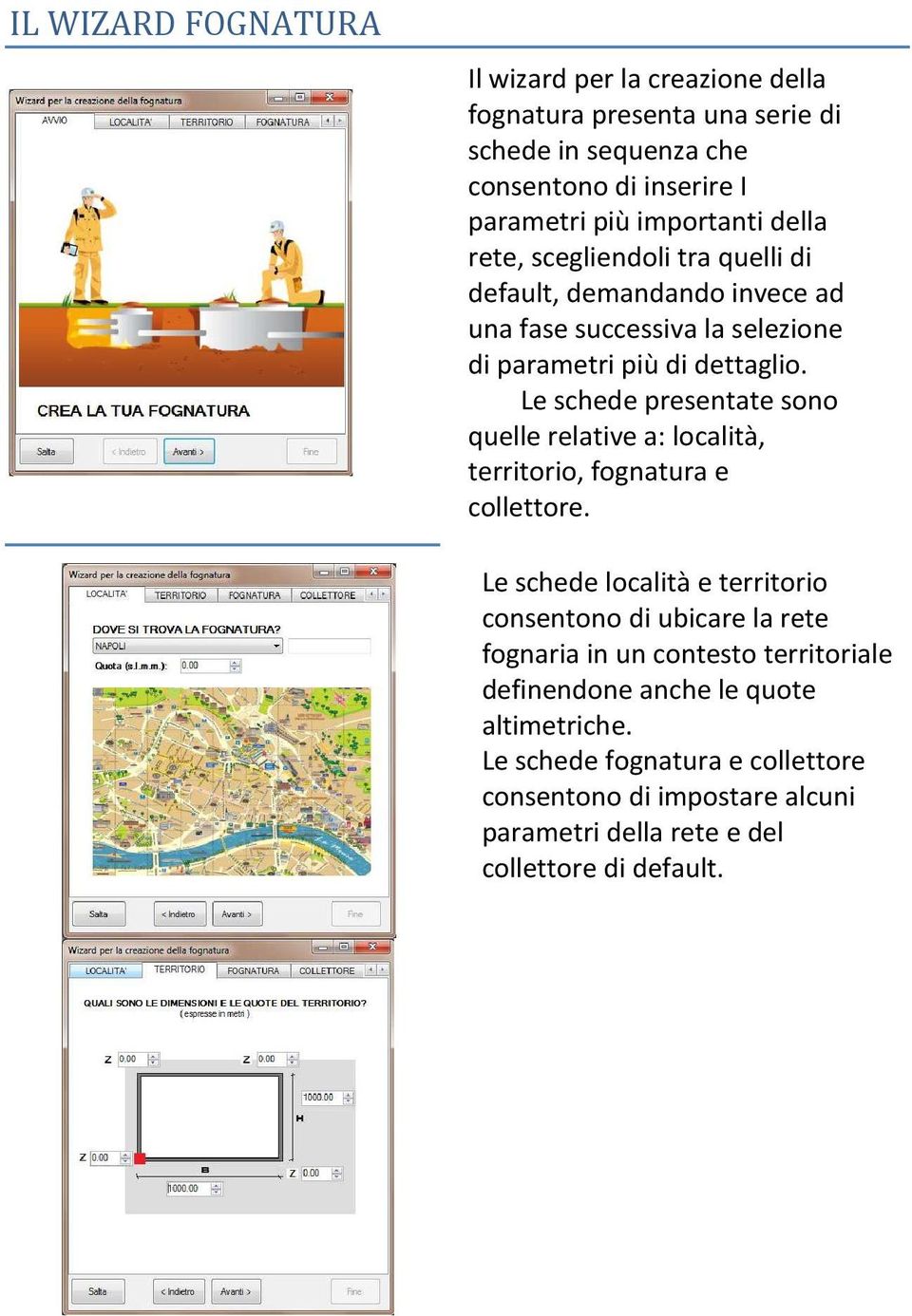 Le schede presentate sono quelle relative a: località, territorio, fognatura e collettore.