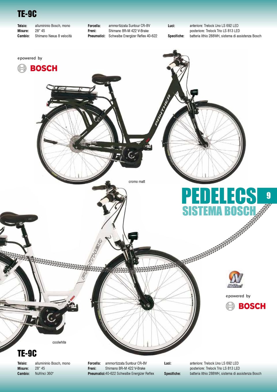 PEDELECS SISTEMA BOSCH 9 coolwhite TE-9C allumininio Bosch, mono 28 45 NuVinci 360 ammortizzata Suntour CR-8V Shimano BR-M 422 V-Brake 40-622