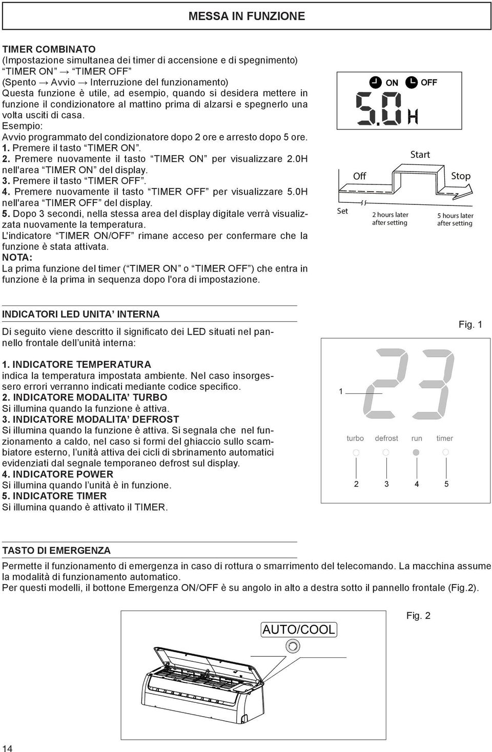 Esempio: Avvio programmato del condizionatore dopo 2 ore e arresto dopo 5 ore. 1. Premere il tasto TIMER ON. 2. Premere nuovamente il tasto TIMER ON per visualizzare 2.