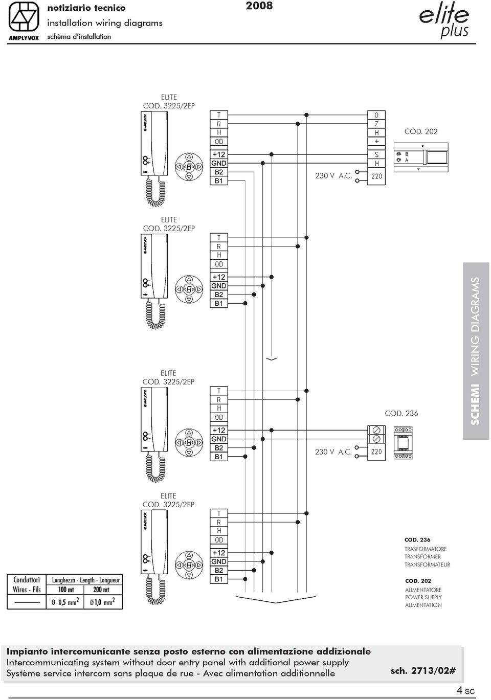 200 mt Ø 0,5 mm 2 Ø 1,0 mm 2 202 ALIMENTATORE POWER SUPPLY ALIMENTATION Impianto intercomunicante senza posto esterno con alimentazione