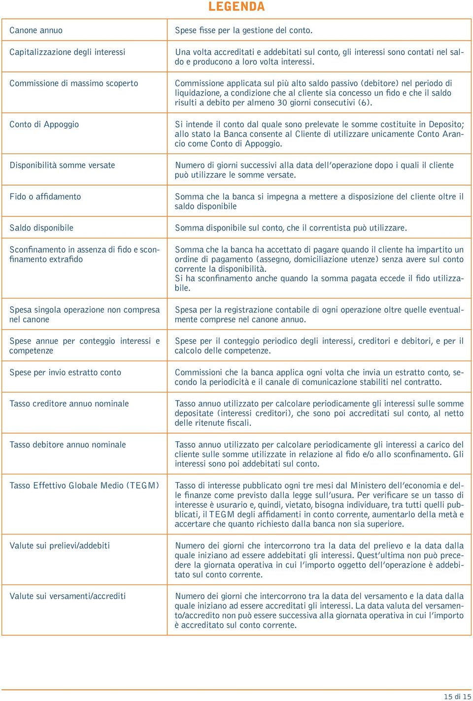 debitore annuo nominale Tasso Effettivo Globale Medio (TEGM) Valute sui prelievi/addebiti Valute sui versamenti/accrediti Spese fisse per la gestione del conto.