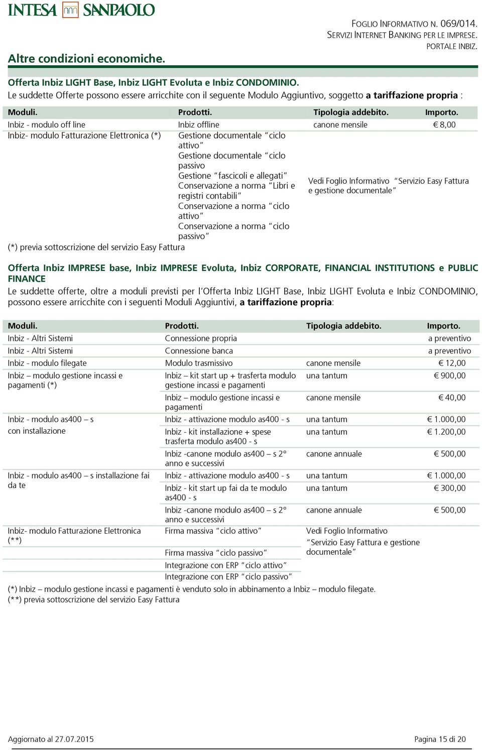 Inbiz - modulo off line Inbiz offline canone mensile 8,00 Inbiz- modulo Fatturazione Elettronica (*) Gestione documentale ciclo attivo Gestione documentale ciclo passivo Gestione fascicoli e allegati