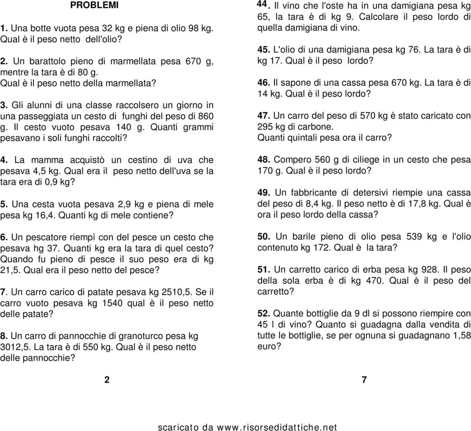 Quanti grammi pesavano i soli funghi raccolti? 4. La mamma acquistò un cestino di uva che pesava 4,5 kg. Qual era il peso netto dell'uva se la tara era di 0,9 kg? 5.