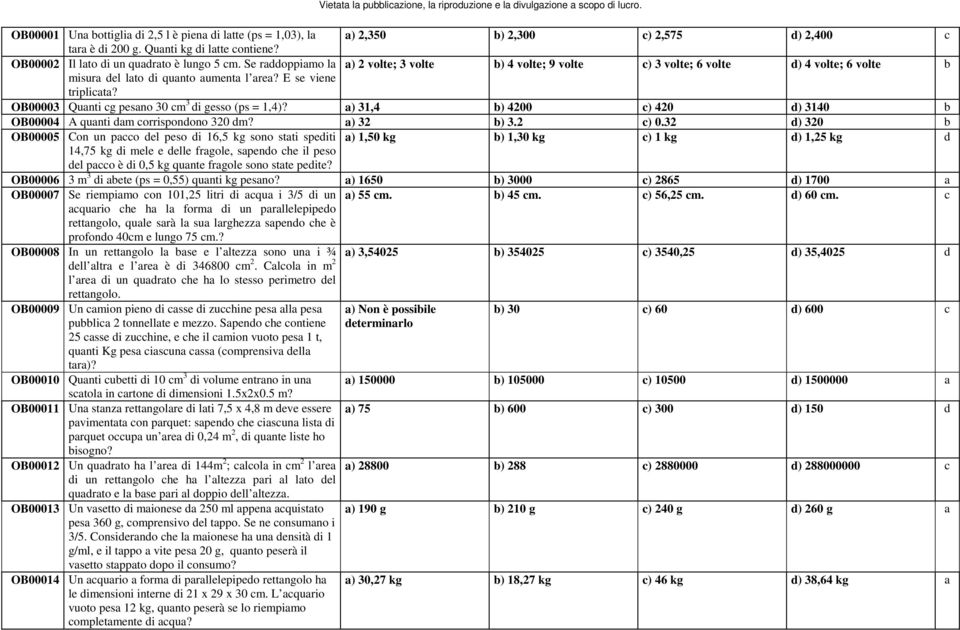 OB00003 Quanti cg pesano 30 cm 3 di gesso (ps = 1,4)? a) 31,4 b) 4200 c) 420 d) 3140 b OB00004 A quanti dam corrispondono 320 dm? a) 32 b) 3.2 c) 0.