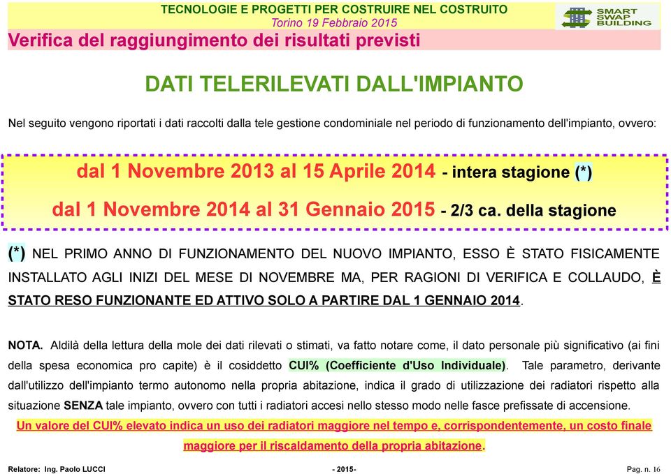 della stagione (*) NEL PRIMO ANNO DI FUNZIONAMENTO DEL NUOVO IMPIANTO, ESSO È STATO FISICAMENTE INSTALLATO AGLI INIZI DEL MESE DI NOVEMBRE MA, PER RAGIONI DI VERIFICA E COLLAUDO, È STATO RESO