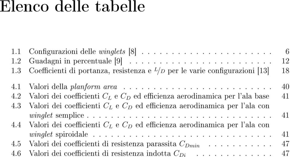 2 Valori dei coecienti C L e C D ed ecienza aerodinamica per l'ala base 41 4.3 Valori dei coecienti C L e C D ed ecienza aerodinamica per l'ala con winglet semplice............................... 41 4.4 Valori dei coecienti C L e C D ed ecienza aerodinamica per l'ala con winglet spiroidale.