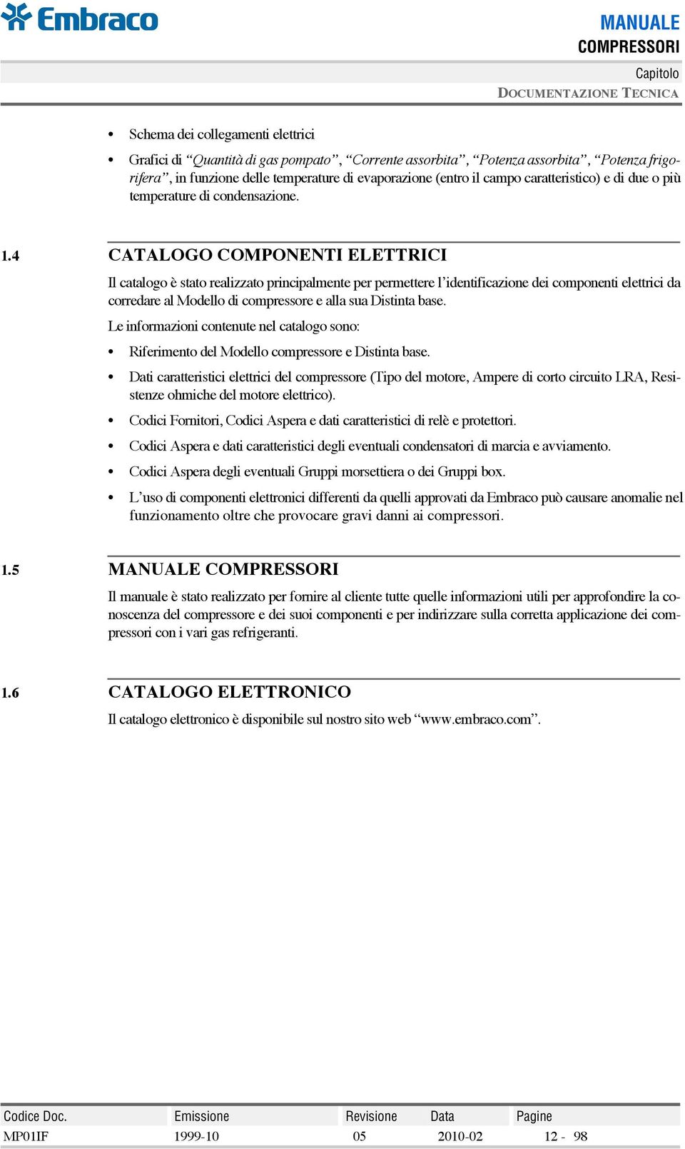 4 CATALOGO COMPONENTI ELETTRICI Il catalogo è stato realizzato principalmente per permettere l identificazione dei componenti elettrici da corredare al Modello di compressore e alla sua Distinta base.